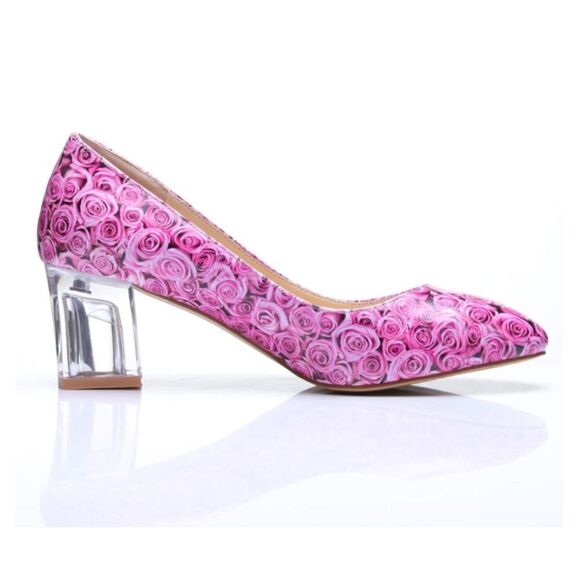 Reindee Lusion Pink Roses Transparent Block Mid Heel Round Toe Size 9.5 NEW - Picture 13 of 15